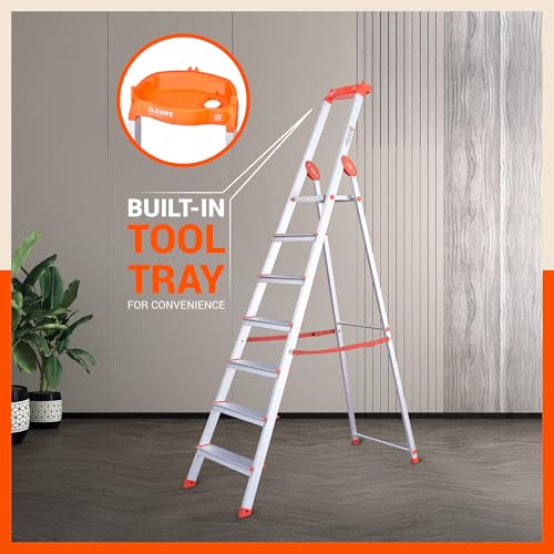 Image of Bathla Elevate 7-Step Foldable Aluminium Ladder for Home with Tool Tray | Anti-Skid | Durable, Heavy Duty, Safe & Stylish | 5-Year Warranty | Orange