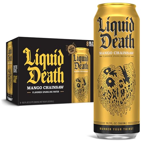 Image of Liquid Death, Mango Chainsaw, Mango-Flavored Sparkling Water, 8-Pack (19.2oz Cans), Low Calorie & No Artificial Sweeteners