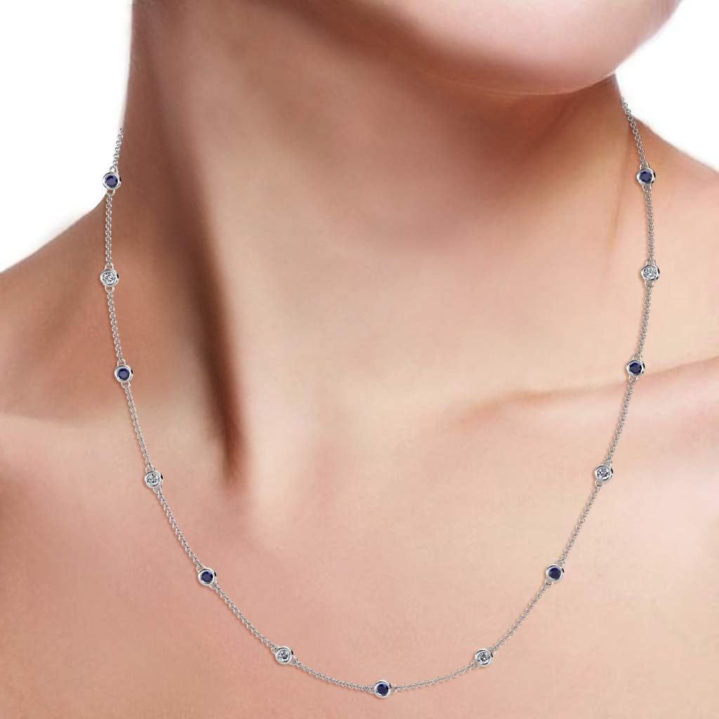 TriJewels 13 Station Blue Sapphire & Natural Diamond Cable Necklace 0.85 ctw 14K White Gold. Included 18 Inches Gold Chain.