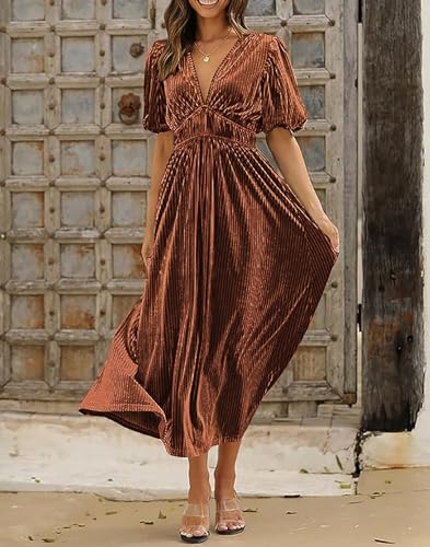 R.Vivimos Women's Fall Winter Velvet Dress Puff Sleeve Sexy Deep V Neck Elastic High Waist A-Line Elegant Casual Midi Dress2