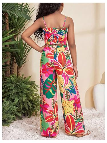 Image of Floerns Girl's 2 Piece Outfit Hawaiian Tropical Crop Cami Tops and Boho Pants Set