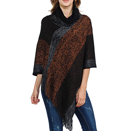 Women's Cowl Neck Knitted Tassel Pullover Sweater Poncho Shawl