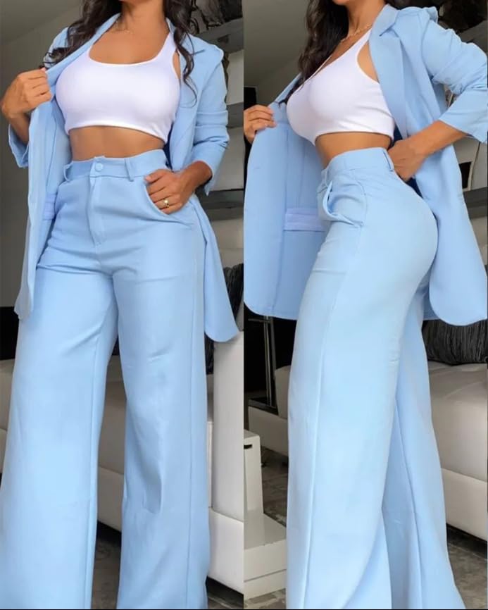 Women's Two Piece Outfits Elegant Lapel Dressy Blazer Suit Business Work Straight Wide Leg Pants Jackets Sets2