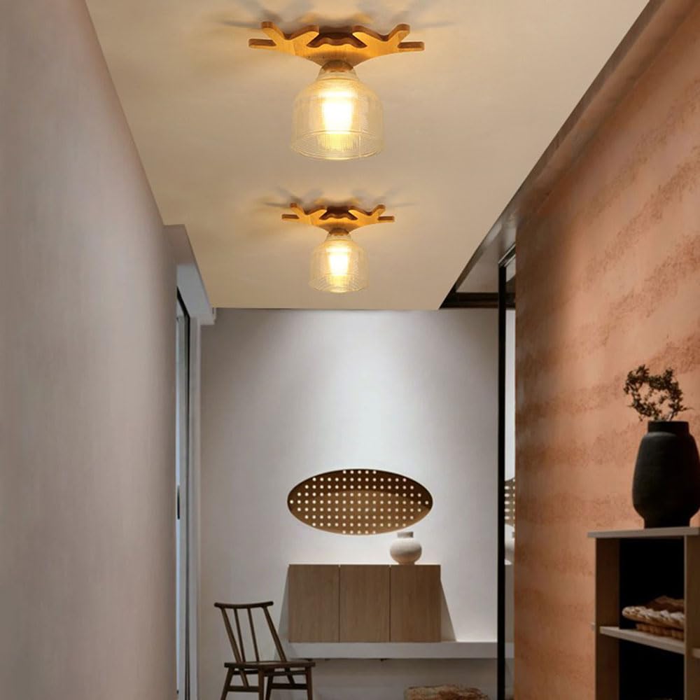 Japońska lampa sufitowa ganek ze szklanym kloszem, półwpuszczana lampa sufitowa drewniana oprawa łatwa w instalacji żyrandol dekoracja korytarza dekoracja domu