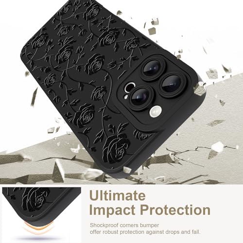 Image of Designed for iPhone 16 Pro Max Case, Cute Rose Flower Floral Pattern Design, Slim Soft TPU Liquid Silicone Protective Cover for Women Girls - Black