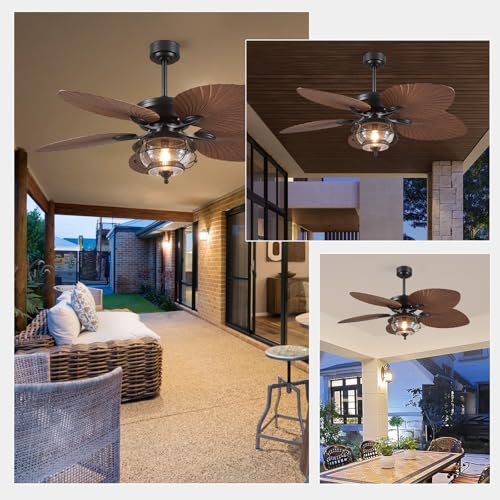 Wiviniya 52 Inch Tropical Ceiling Fan with Light and Remote, Outdoor Waterproof Palm Leaf Ceiling Fan for Patios Porches Gazebos, Wet Rated, Glass Lampshade, 6 Speeds, Quiet, Brown, Bulb Included - Image 6