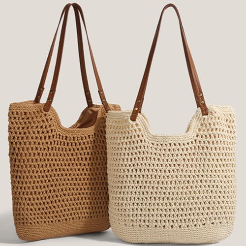 Bolso Hobo Multifuncional de Paja para Verano con Asas de Cuero miniatura 7