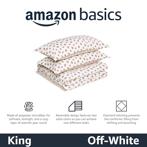 Image of Amazon Basics Lightweight Polyester Microfiber Comforter Set, 3-Pieces, Off White Floral, King