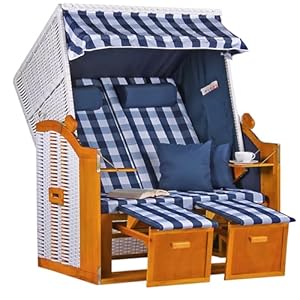 MR. DEKO® Strandkorb Ostsee Volllieger 2-Sitzer | PE Geflecht Weiß Bezug Uni blau | inkl. 4 Kissen & Klapptisch | Strandstuhl verstellbar | Strandkörbe aus Hartholz mit Fußablage (Dessin Karo Blau)