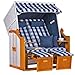 Produktbild MR. DEKO® Strandkorb Ostsee Volllieger 2-Sitzer | PE Geflecht Weiß Bezug Uni blau | inkl. 4 Kissen & Klapptisch | Strandstuhl verstellbar | Strandkörbe aus Hartholz mit Fußablage (Dessin Karo Blau)