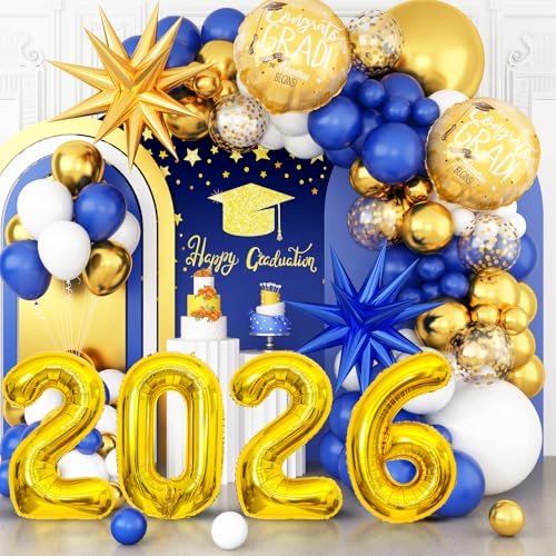 Graduation Balloons Garland Arch Kit, Graduation Balloons Class of 2026, Navy Blue and Gold White Latex Balloon with Foil Balloon for Class of 2026 Party Decor by Cledeco - Used condition - US$7.36