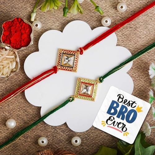 Image of eCraftIndia Set of 2 Designer Rakhis for Brothers with Best Bro Ever Fridge Magnet and Roli Chawal Pack