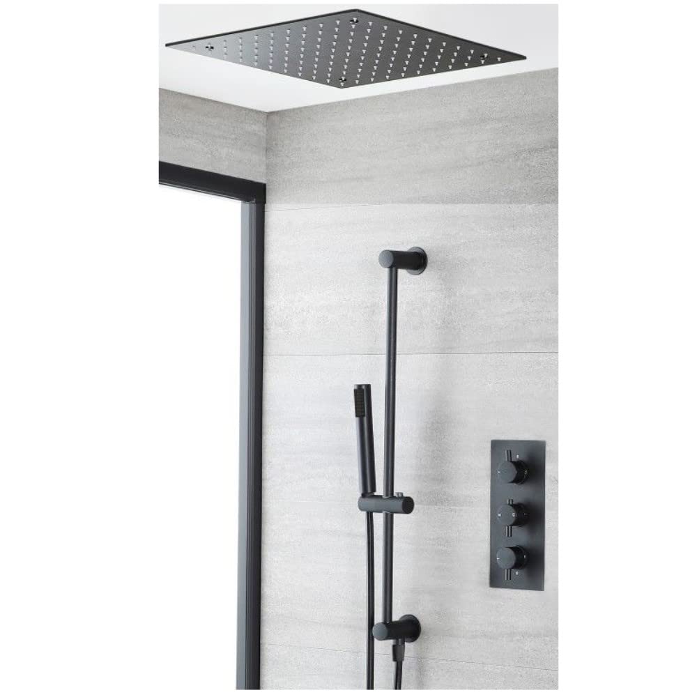 Milano Nero Thermostatic Mixer Valve Recessed Shower Head Handset Riser Rail - Black