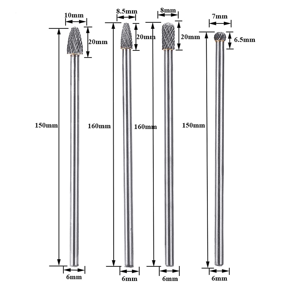 4 Pcs Kit de Fresas Giratorias de Carburo de Tungsteno Fresas de Diamante Rotary Archivo Tungsteno Acero Herramientas Rotary Burr Fresa Giratoria de Largo Alcance 6 mm