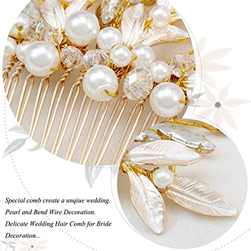 Yean Bride Leaf Wedding Hair Comb Rhinestone Bridal Hair Piece Pearl Hair Accessories For Women And Girls (Gold) #TOP3
