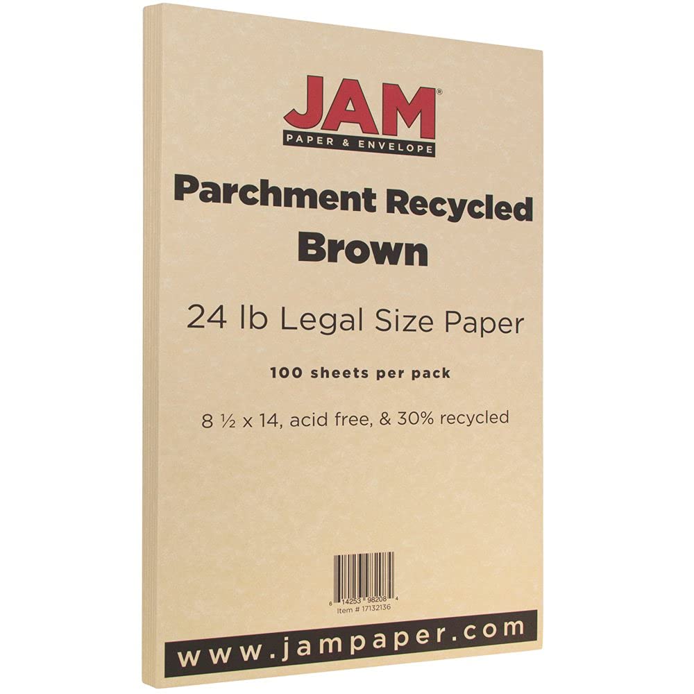 JAM PAPER Legal Parchment 24lb Paper - 90 gsm - 8.5 x 14 - Brown Recycled - 100 Sheets/Pack