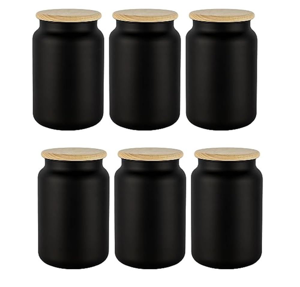 TREND FOR HOME Set di 6 barattoli neri con coperchi in legno, da 970 ml, ermetici, per tè, caffè e altre cose, per spezie, Eco Storage, nero opaco