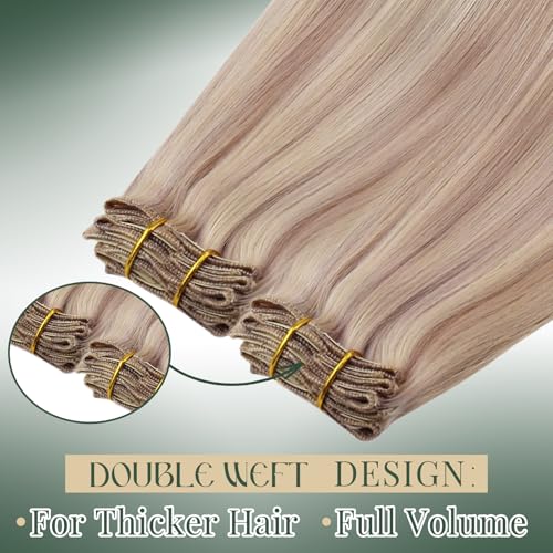 Image of Ugeat Human Hair Clip in Extensions Highlight 12 Inch 5pcs 85g Appearance | Invisible Clip in Hair Extensions Human Hair , Ash Blonde Highlights Bleach Blonde , Shoulder Length