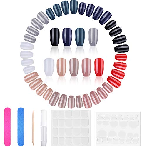 240 Pieces Colorful Full Cover Medium Coffin False Gel Nails 10 Colors Faux Nail Tips with Nail File, Wooden Stick, Glue and Adhesive Tabs for Women Girls