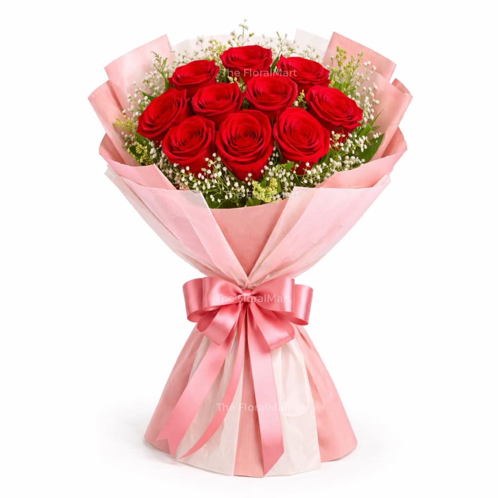 The FloralMart Fresh Flowers Bouquet of 10 Red Roses in Stylish Paper Wrapping with Seasonal Fillers, for Birthday Gift, Anniversary Gift, Wedding Gift, Valentines Day Gift, (Same Day Delivery)-image-37