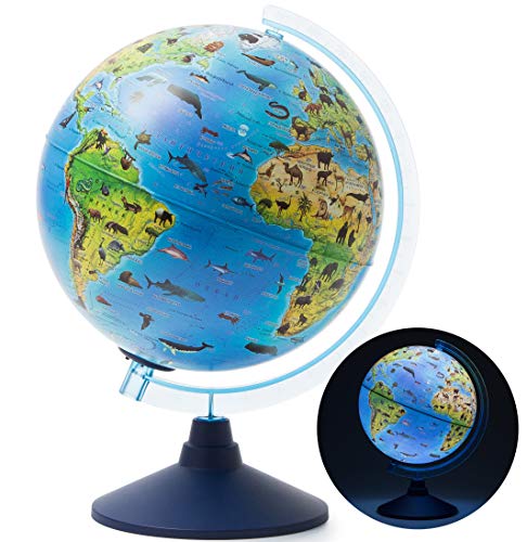 Exerz 25CM Zoo-Geo Illuminated Globe with Cable Free LED Light/ 2 in 1/ Day and Night - English Map - Physical and Zoo Dual Map - Light up globe - Educational and Fun, For School, Children, Family
