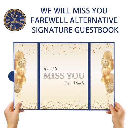 Image of DARUNAXY Blue Gold Farewell Party Decorations, We Will Miss You Very Much Alternative Signature Guest Book for Men Women Going Away Gifts Signing Card Board for Retirement Graduation Party Supplies