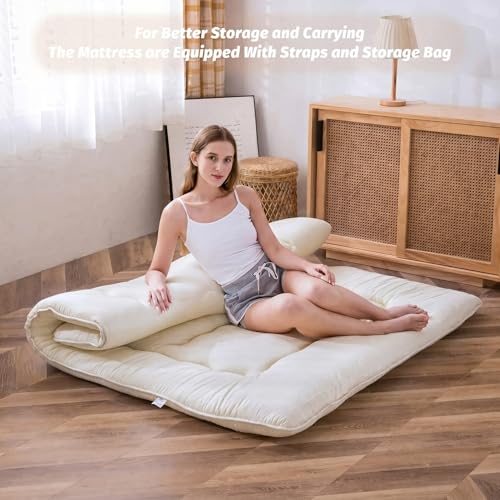 Image of MAXYOYO Japanese Floor Futon Queen Size, Thicken Tatami Mat Sleeping Pad Foldable Roll Up Mattress Trifold Pad Guest Mat, Off White