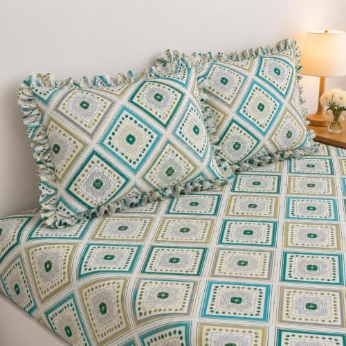 Image of King Size Fitted Bedsheet for Double Bed | 300 TC Cotton Feel Microfiber | All Around Elastic with 2 Frill Pillow Covers | Soft & Durable | (WhiteGeometricFrill, Fitted - Double72x72)