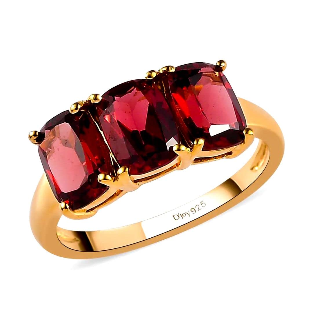 Shop LC Delivering JoyShop LC Garnet Ring - Natural Cut Garnet Gemstones Set in 14K Yellow Gold Plated 925 Sterling Silver - Three Stone Engagement Promise Trilogy Rings for Women Costume Jewelry for Women