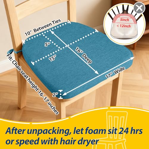 Image of AAAAAcessories D-Shaped Chair Cushions, 2 inch Thick Dining Chair Pads with Ties and Removable, Machine-Washable Cover, 17 inch x 16 inch, Set of 2, Teal