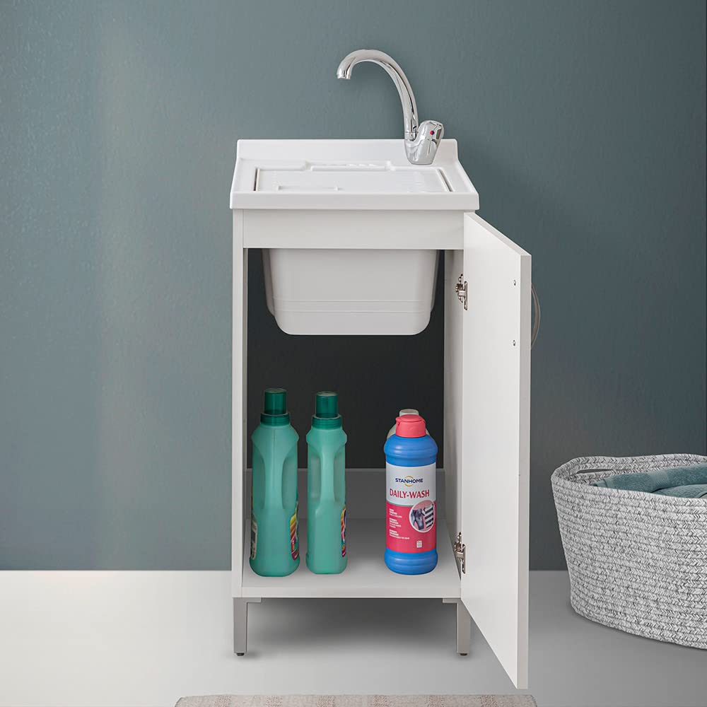 Mobile lavatoio lavanderia in legno con vasca in resina resistente agli acidi, completo di asse di lavaggio e kit sifone + piletta (Bianco, 45x50 cm 1 anta)