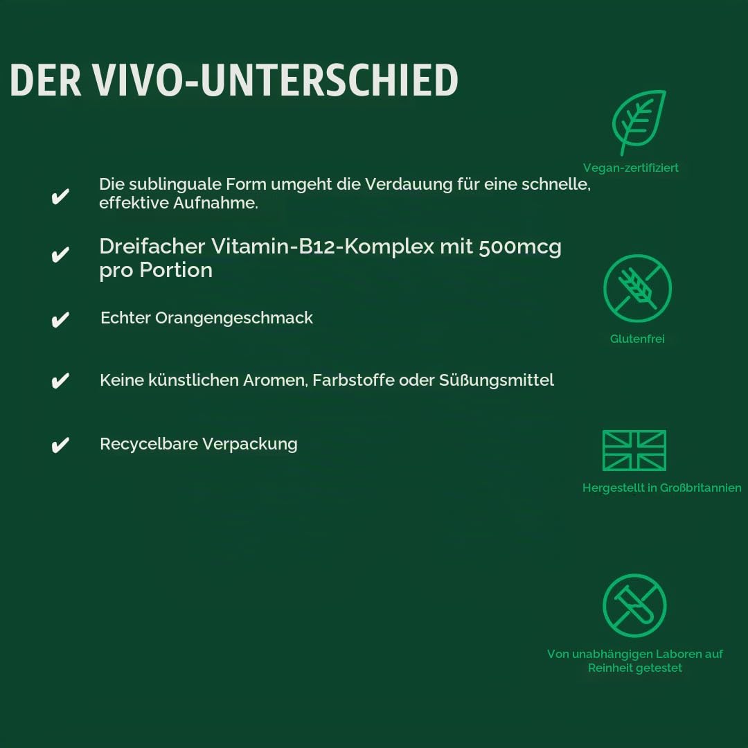 Vivo life - Vitamin B12 Complex, hochwirksame Gesundheitsergänzung, flüssige Tropfen mit Orangengeschmack, 60ml, 60 Portionen