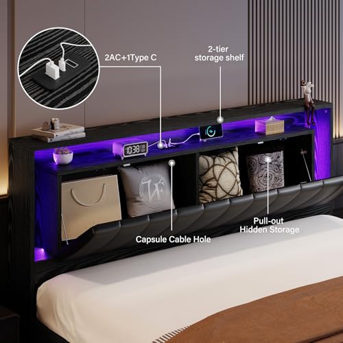 Belffin Queen Size Floating LED Bed Frame, Modern Bed with Storage, Black - Image 3