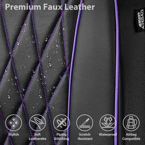 Image of CAR PASS Piping Luxury Faux Leather Two Front Car Seat Covers, Waterproof Anti Slip Premium Automotive Seat Covers,Universal Fit for Suvs,Vans,Trucks, Armrest Airbag Compatible (Black and Purple)