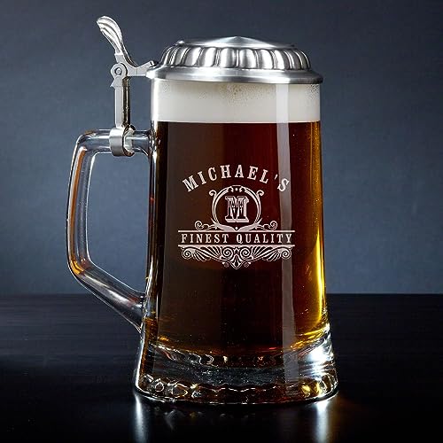 HomeWetBar Engraved Beer Stein Mug with Pewter Lid 16 oz - Personalized Beer Tankard