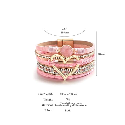 Hotoo Leather Wrap Bracelet For Women Pink Beaded Cuff Bracelet With Heart-Shape Decor Bohemian Crystal Bracelet Jewelry With Clasp Bangle Bracelet For Women Girls Birthday Holiday Gift #TOP1