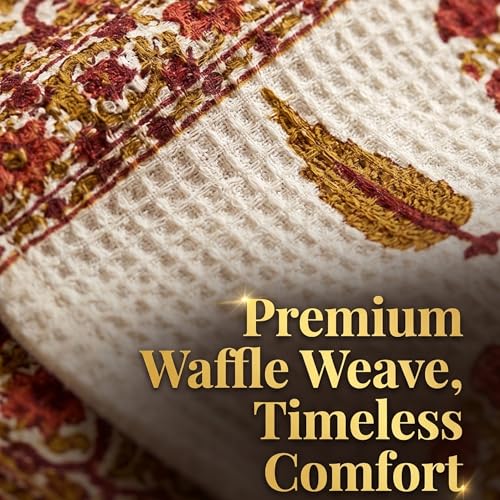 Image of Mafatlal Madhuban Elegant Cotton Waffle Towel (147x76 cm) | 250 GSM | Hand Printed, Quick Dry, Soft & Absorbent | Adobe Red