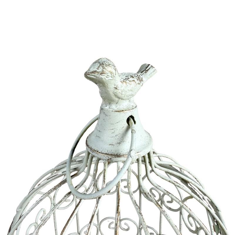 L'Héritier Du Temps Petite Cage à Oiseaux Volière Ronde en Acier Patiné Blanc Abri Décoratif à Suspendre 15,5x15,5x28cm