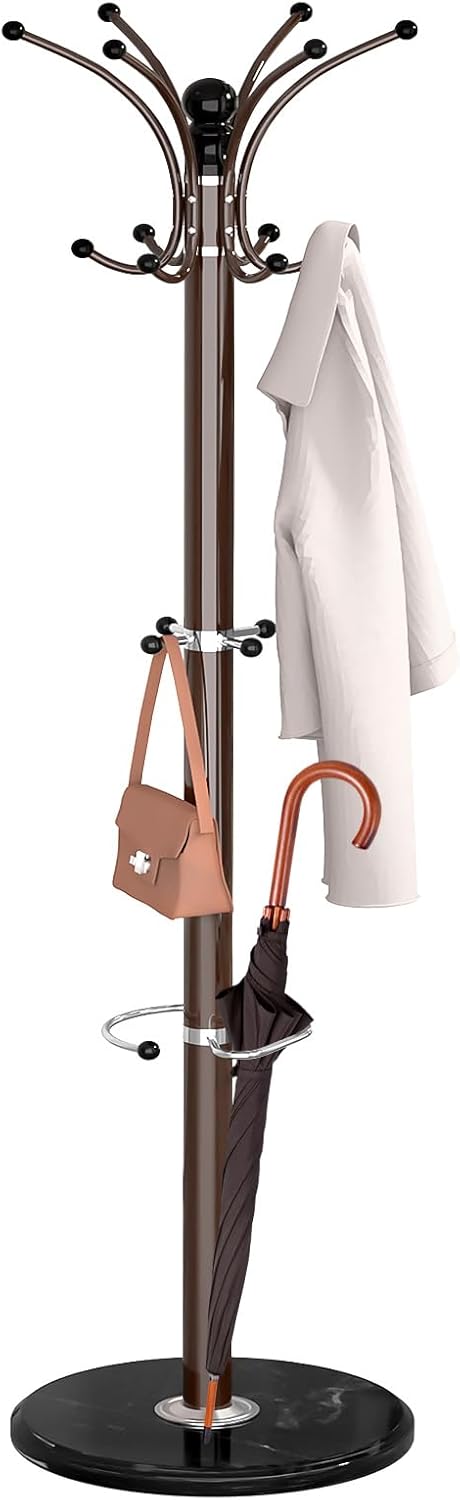 Coat Rack Freestanding with Marble Base, Heavy Duty Coat Tree with Hooks and Umbrella Holder, Metal Hall Tree for Hanging Clothes, Hats, Scarf, Bag, Hanger Stand for Entryway,Bedroom (Brown)