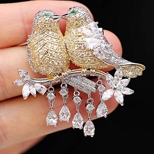 Image of Magpie Lovebird Brooch Inlaid with 14K Gold Moissanite, Romantic Bird Design Love Corsage for Lovers, Creative Birthday Gift