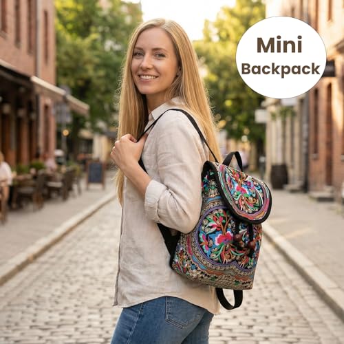 Goodhan Vintage Embroidered Backpack Purses for Women - Boho Shoulder Bag for Travel,Ethnic Floral Mini Back Pack,Lightweight Handbags for Daily Use (Red) - Image 3