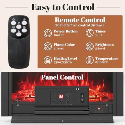 Image of Giantex 36 inch Electric Fireplace Insert, Wall Recessed /Mounted, Freestanding Fireplace with Remote Control, 3 Color Adjustable Flames, 2 Modes Heat, 8H Timer, 5 Brightness, 750 /1500W Heater