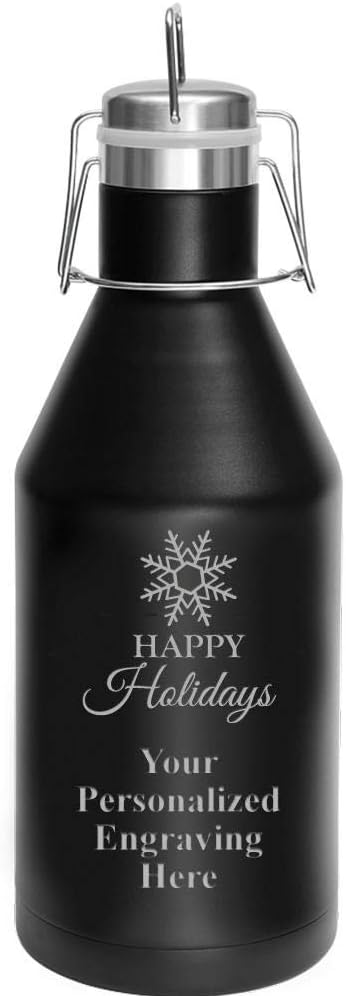 Happy Holidays Growler, 64 oz Custom Holidays Stainless Steel Growler, Engraving Included
