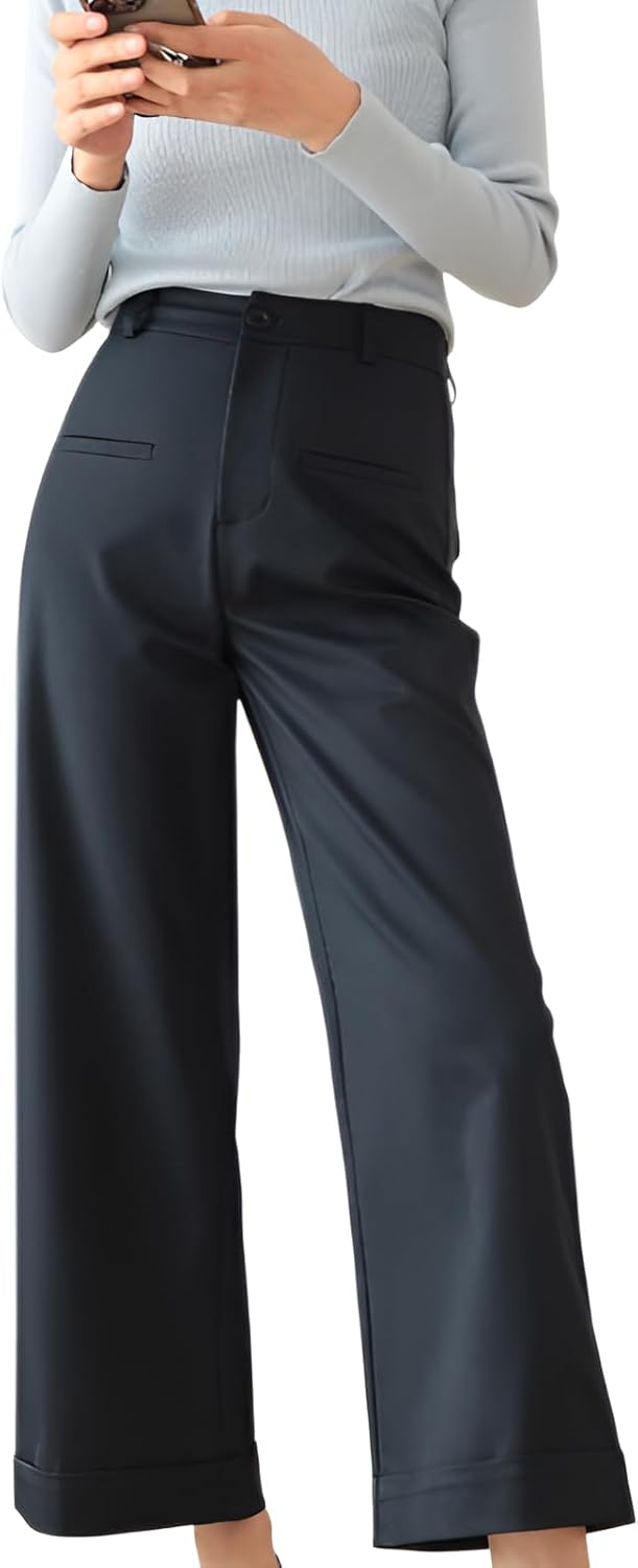 [AOKOWN] ワイドレッグパンツ ハイウエストデザイン チタンコットン素材 オフィスカジュアル対応 ノンアイロン加工 洗える サ