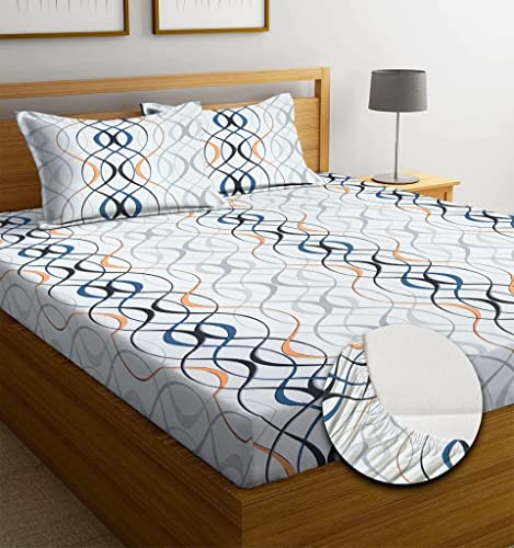 Image of Castiqa Elastic Fitted Supersoft Premium Polycotton 200 TC Double Bedsheets King Size 78X72 Inch With 2 Pillow Covers (Fits Upto Mattress Of 8Inches) (Curves),White