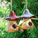 Yinns Birdhouses - Hanging Bird House, Set of 2 Bird Houses for Outside, Decorative Mushroom Bird House Blue and Red Ceramic Birdhouses for Wild Birds, Finch, Cardinal, and Bluebird