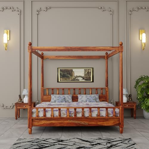 Image of Solid Wood Sheesham Bed King Size Poster Bed Wooden Double Bed Cot Bed Furniture for Bedroom Home and Hotel (Honey Finish, King) 1 Year Warrenty