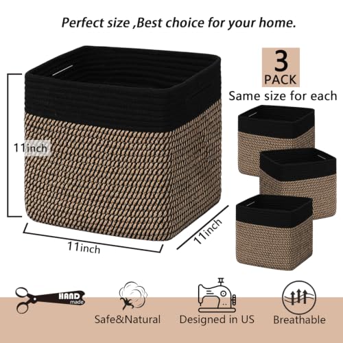 Image of COMFY-HOMI 3PACK Cotton Rope Square Basket with Handles for Shelves|Dog Toy Bin and Storage|Baby Gift|Shoe Organizer|New 11 inch x 11 inch x 11 inch for Living Room