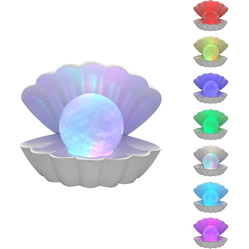 Shell Pearl Beach Themed Night Light, RGB 8 Colors Changing Mood Shell Pearl Lamps, Bedside LED Clamshell Portable Night Lights for Bar (White)