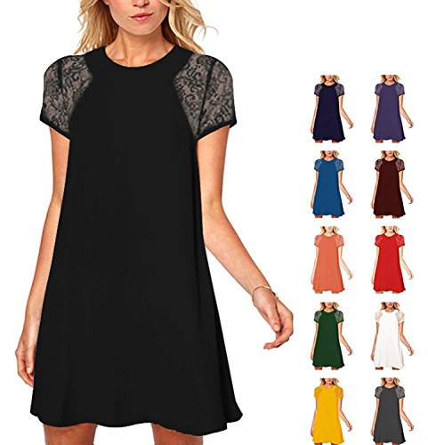 YunJey Women's Short Sleeve Keyhole Back Lace Shift Dress Black